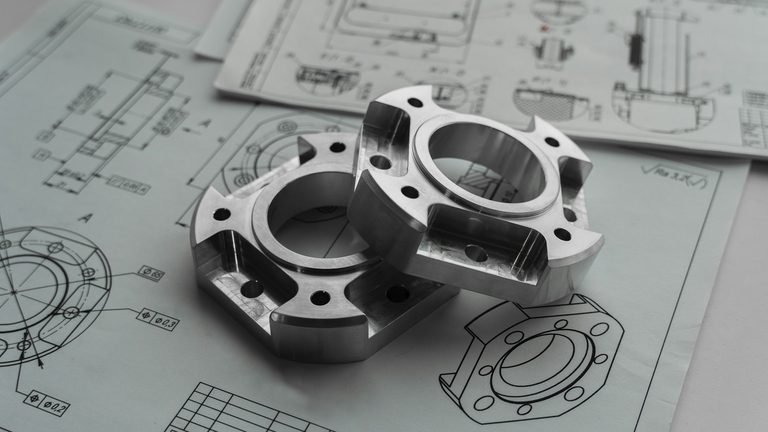 Machined part on a technical drawing