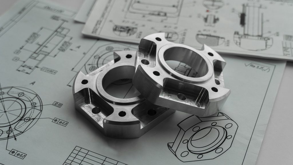 Machined part on a technical drawing